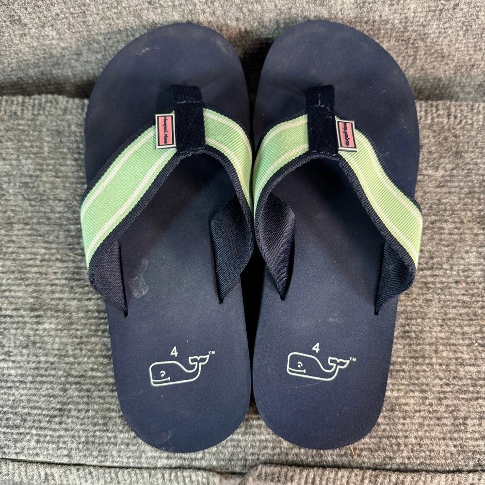Vineyard Vines Navy Blue Green Striped Ribbon Flip Flop Sandals Kids Size 4